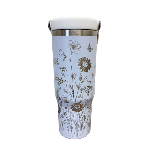 30 OZ Flip/Top-Tumbler weiß/silber "Wildblumen" - Emmilous